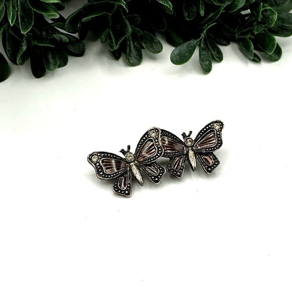 Vintage Marcasite Double Butterfly Brooch Silver Antique Insect Jewelry - Picture 3 of 4